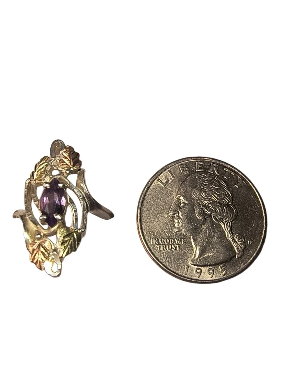 Vintage Coleman Co. Sterling And Amethyst Black Hills Gold Leaf Ring